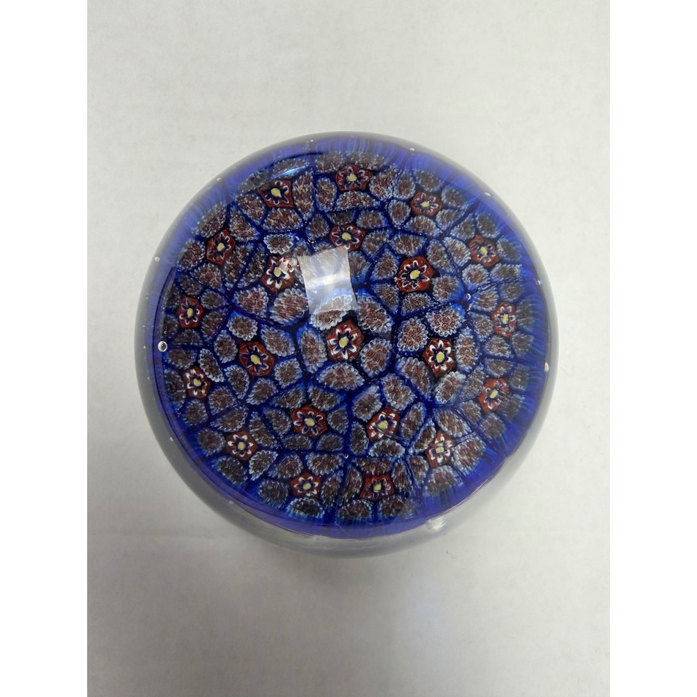 Murano Style Paperweight Millefiori Art Glass 3in Blue Floral‎ Decorative Sphere